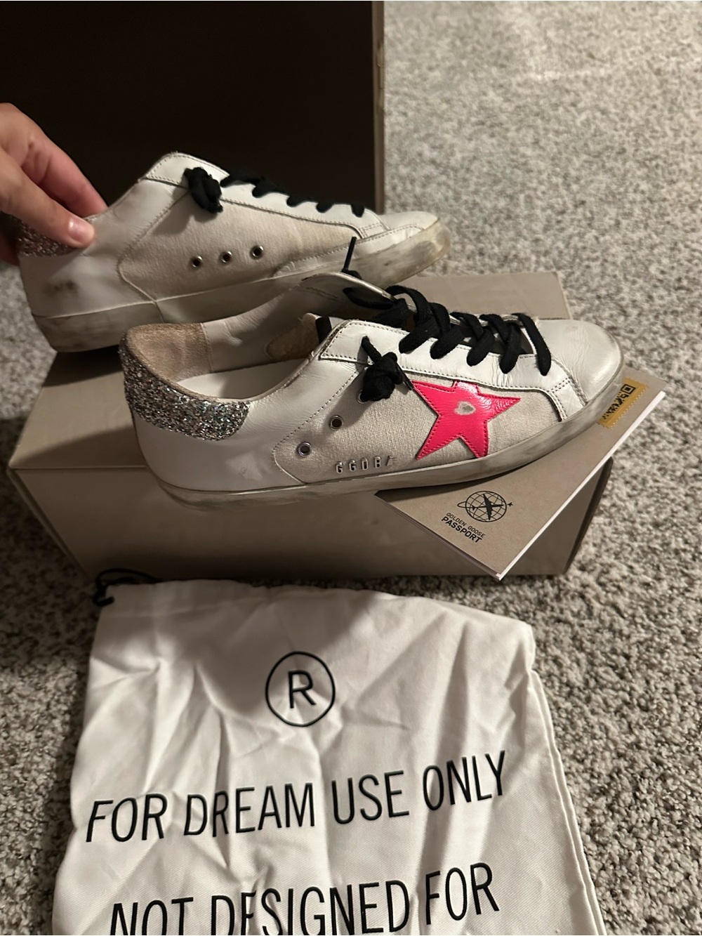 Golden Goose White Leather Sneakers with Pink Star and Silver Glitter Heel